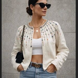 Marisa Christina Beaded Cream Cardigan Sweater Embellish Zip Front Women Small